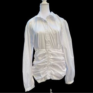 NESS EU 46 (US 14-16) white sheen long puffy sleeve waist ruched button up shirt